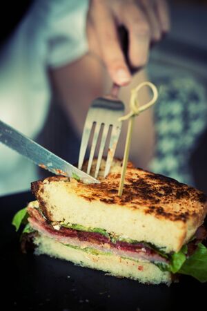 Young thick dough ham sandwich. Serve the salad with set point.の写真素材