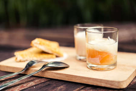 Boiled eggs,soft-boiled egg  and bread Yuan Serving breakfast