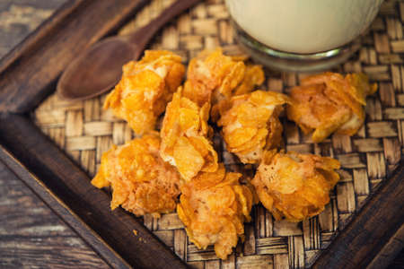 Hot milk in a glass on Nature wooden Backgrounds,Vintage Style.の写真素材