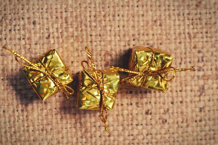 Christmas vintage decoration on the striped sack backgroundの写真素材
