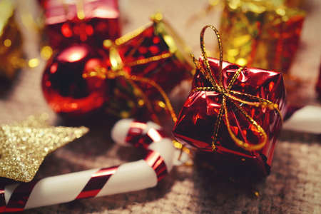 Christmas vintage decoration on the striped sack backgroundの写真素材