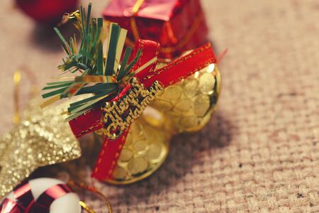 Christmas vintage decoration on the striped sack backgroundの写真素材