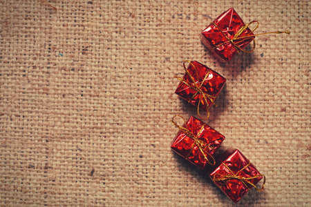 Christmas vintage decoration on the striped sack backgroundの写真素材