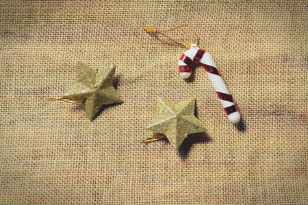 Christmas vintage decoration on the striped sack backgroundの写真素材