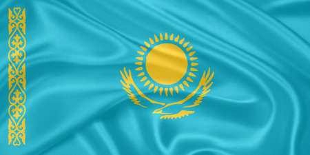 flag of Kazakhstan waving with highly detailed textile texture patternの写真素材