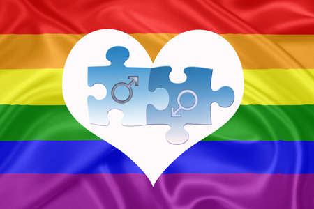 Same - sex marriages  Rainbow gay Flag and a puzzle represanting a male coupleの写真素材