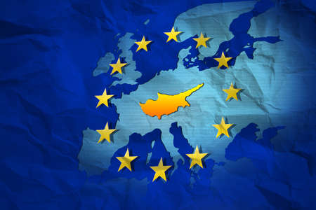 European crisis: Cyprus contour at the creased map of European Union