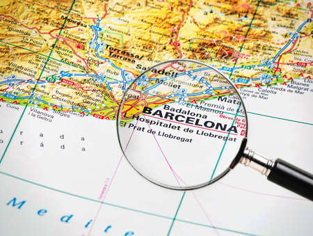 Focus on Barcelone on the Map  Source   the big World atlas の写真素材