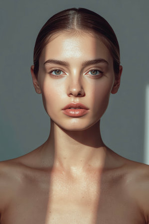 Beautiful Face of Young Woman with Clean Fresh Skin. Beauty Portrait.の素材