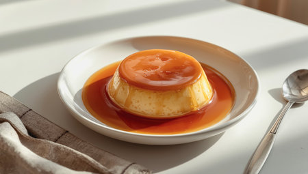 Creamy caramel custard pudding on a white plate with a spoonの素材
