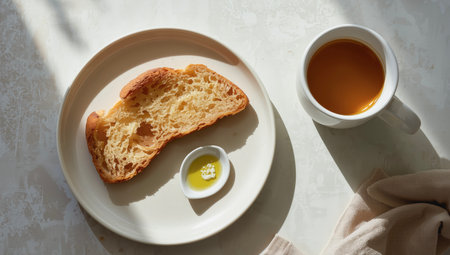 Breakfast with a cup of tea and croissant on the table.の素材