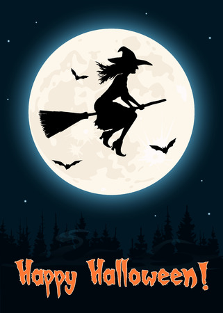 Witch flying on a broom, Halloween greetings cardのイラスト素材