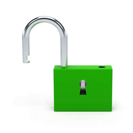 Unlocked green lock isolated on white background. 3D illustration.の写真素材