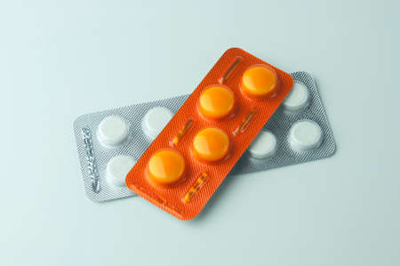 Pharmaceutical medication and medicine pills in packs. Pills in packs. Pills in blister pack. 