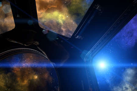 Galaxy, nebula and Sun, from international space station window.
