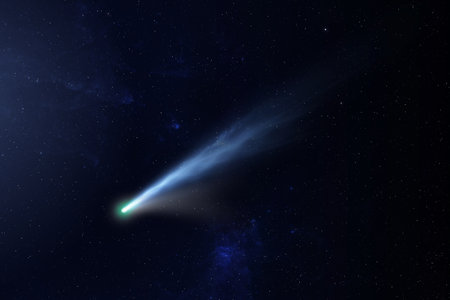 A bright comet with large dust and gas tails. Falling meteorite, asteroid, comet in the starry sky....