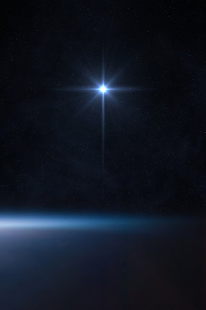 Christmas Star of Bethlehem Nativity, christmas of Jesus Christ. Planet Earth on dark blue night sky...