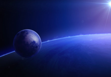 Earth, moon and stars. Space art, awesome science fiction wallpaper.の写真素材