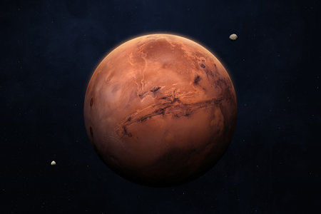 Planet Mars in the starry sky of solar system. Mars, Phobos and Deimos. Mars is a red planet of the solar system. High resolution image. Elements of this image furnished by .の写真素材
