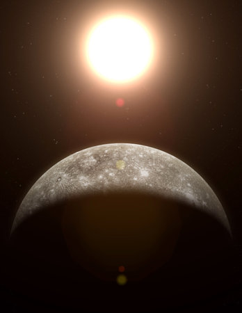 View of planet Mercury from space. Sun, space, nebula and planet Mercury. High resolution and...