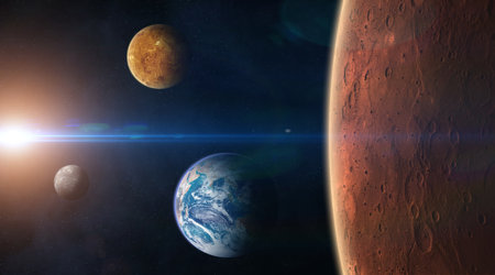 View of the planet Mars from space. Solar system planets: Mars, Earth, Venus, Mercury. Terrestrial planets. Beautiful sci-fi wallpaper. Elements of this image furnished by .の写真素材