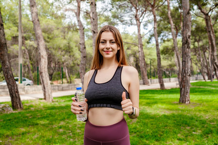 Happy brunette woman wearing black sports bra standing on city park, outdoors holding water bottle...