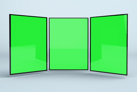 Responsive Web Mock-up.  Responsive App Mockup. Green screens with soft shadows and refletions on blue background. Web Showcase to show your Web or App design in an elegant, attractive, unique wayの写真素材