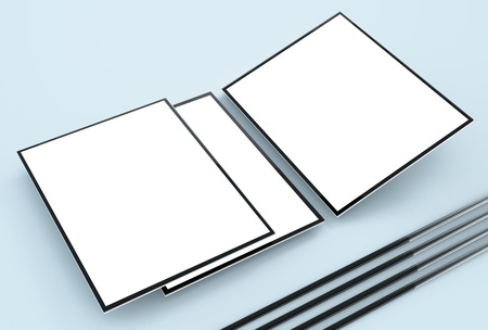 Responsive Web Mock-up.  Responsive App Mockup. Green screens with soft shadows and refletions on blue background. Web Showcase to show your Web or App design in an elegant, attractive, unique wayの写真素材