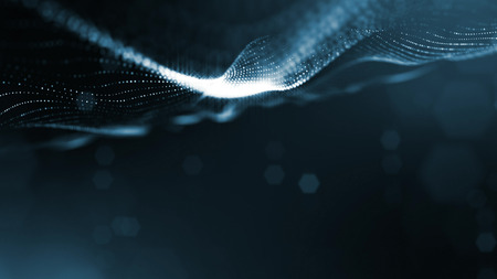 science fiction background of glowing particles with depth of field and bokeh. Particles form line...