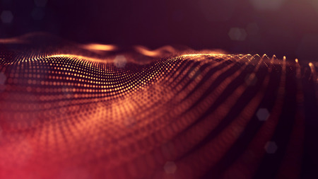 science fiction background of glowing particles with depth of field and bokeh. Particles form line...