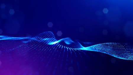 science fiction background of glowing particles with depth of field and bokeh. Particles form line...