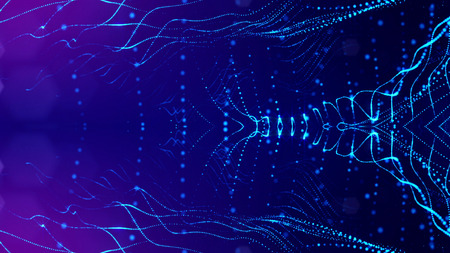 Science fiction background of glowing particles with depth of field and bokeh. Particles form line...