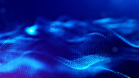 3d rendering, science fiction background of glowing particles with depth of field and bokeh. Particles form line and surface grid. microcosm or spaceの写真素材