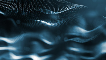 3d rendering, science fiction background of glowing particles with depth of field and bokeh. Particles form line and surface grid. microcosm or spaceの写真素材