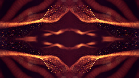 Golden red particles form line and surface grid. microcosm or space. 3d rendering science fiction...