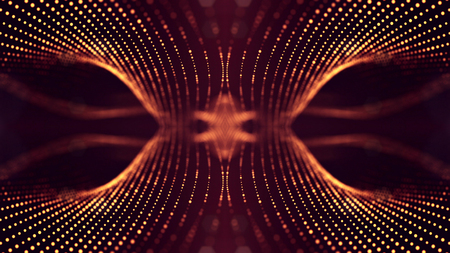 Golden red particles form line and surface grid. microcosm or space. 3d rendering science fiction...