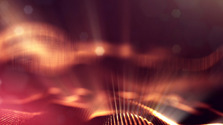Golden red particles form line and surface grid. microcosm or space. 3d rendering science fiction...