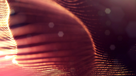 Golden red particles form line and surface grid. microcosm or space. 3d rendering science fiction background of glowing particles with depth of field and bokeh. Curved lines 32の写真素材