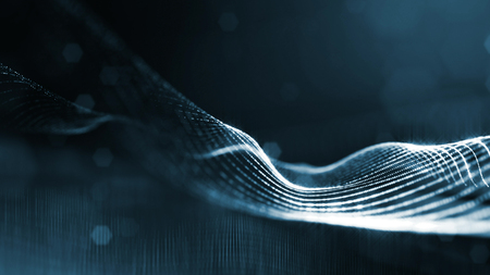 blue particles form line and surface grid. microcosm or space. 3d rendering science fiction background of glowing particles with depth of field and bokeh. Curved lines 18の写真素材