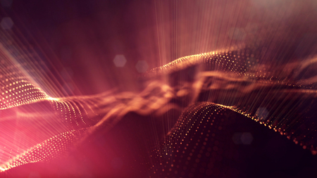 Golden red particles form line and surface grid. microcosm or space. 3d rendering science fiction background of glowing particles with depth of field and bokeh. Curved lines 5の写真素材