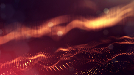 Golden red particles form line and surface grid. microcosm or space. 3d rendering science fiction background of glowing particles with depth of field and bokeh. Curved lines 38の写真素材