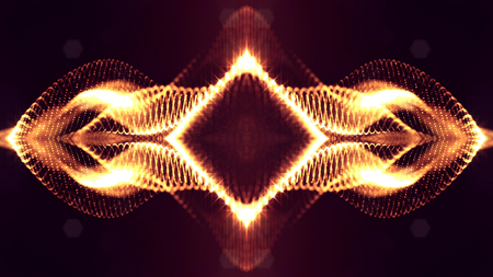 Golden red particles form line and surface grid. microcosm or space. 3d rendering science fiction...