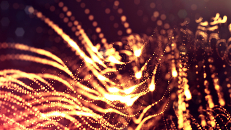 3d render of abstract golden red composition with depth of field and glowing particles in dark with...