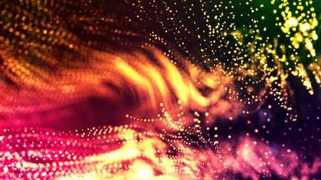 3d render of abstract multi-color composition with depth of field and glowing particles in dark with...