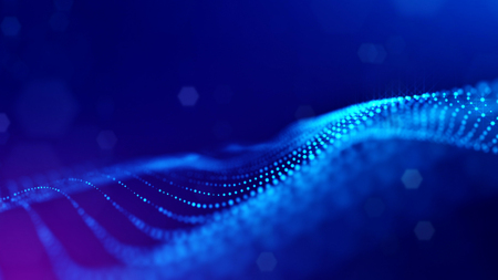 Particles form line and surface grid. 3d rendering. Science fiction background of glowing particles...