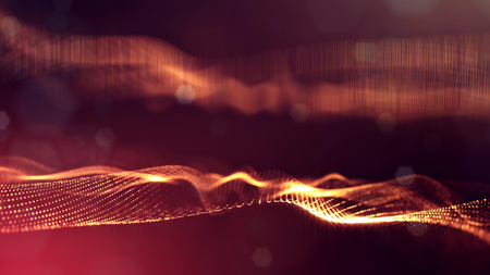 Particles form line and surface grid. 3d rendering. Science fiction golden background of glowing particles with depth of field and bokeh. Motion graphics microwold. 16の写真素材