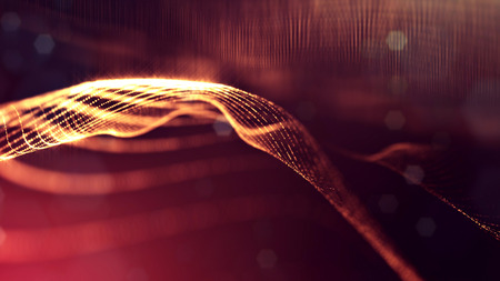 Particles form line and surface grid. 3d rendering. Science fiction golden background of glowing...