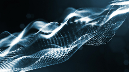 Particles form line and surface grid. 3d rendering. Science fiction background of glowing particles...