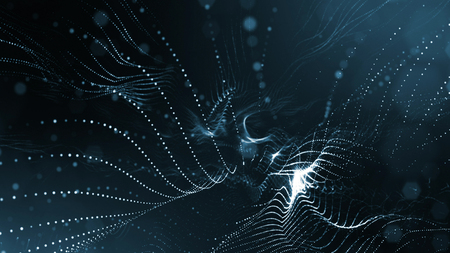 Particles form line and surface grid. 3d rendering. Science fiction background of glowing particles with depth of field and bokeh. Motion graphics microwold. Blue 21の写真素材