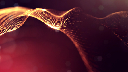 Particles form line and surface grid. 3d rendering. Science fiction golden background of glowing particles with depth of field and bokeh. Motion graphics microwold. 54の写真素材